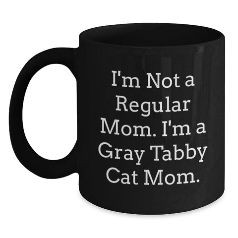 Image of Gray Tabby Cat Mom Black Coffee Mug Funny Gift for Cat Lovers Christmas Unique Present from Friends to Family - Main