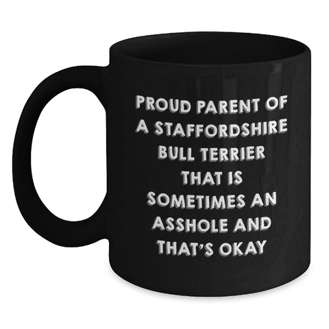 Image of Funny Staffordshire Bull Terrier Dog Gifts from Friends to Proud Parents, Graduation Unique Gifts, Black Coffee Mug for Men, Women, Family, and Coworkers - Main
