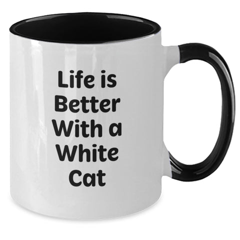 Image of Funny White Cat Two Tone Coffee Mugs Gifts for Men Women Friends Family - Life Is Better With A White Cat Quote - Additional