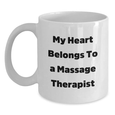 Image of Funny Massage Therapist Gifts from Men for Valentine's Unique White Coffee Mugs, 'My Heart Belongs To A Massage Therapist' - Main