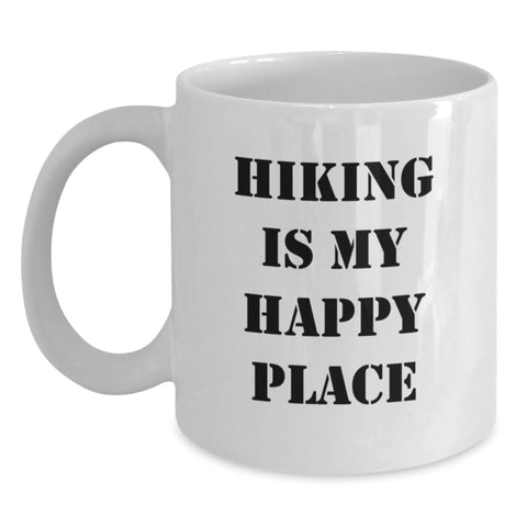 Image of Hiking Adventures Gifts from Friends for Hiking Enthusiasts, White Coffee Mug with Inspirational Quote 'Hiking Is My Happy Place', 11oz or 15oz Capacity - Main
