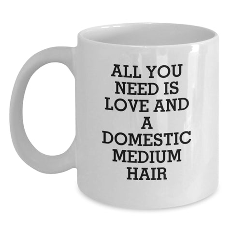 Image of Heartwarming Domestic Medium Hair Cat Lover Gifts from Friends for Graduation Unique White Coffee Mugs - 'All You Need Is Love And A Domestic Medium Hair' - Main