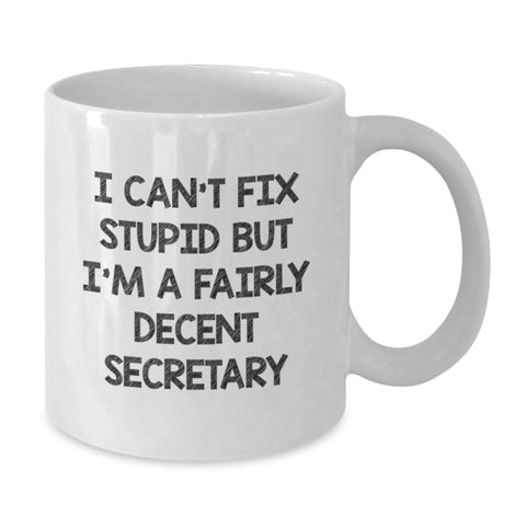 Image of Funny Secretary White Coffee Mug, Gifts from Friends for Secretary at Christmas, I Can't Fix Stupid But I'm A Fairly Decent Secretary, White Coffee Mug for Secretary - Additional