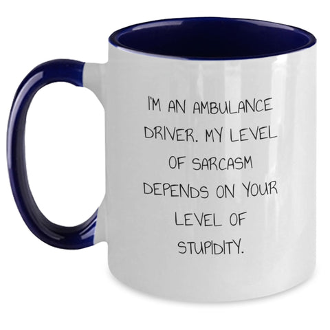 Image of Funny Ambulance Driver Gifts from Friends and Family, Ambulance Driver Two Tone Coffee Mug, Christmas Unique Gift Ideas for Ambulance Driver Men and Women - Sarcasm Level Mug - Main