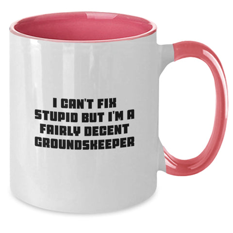 Image of Funny groundskeeper Gifts for Men from Friends, I Can't Fix Stupid But I'm A Decent groundskeeper Two Tone Coffee Mug, Christmas Unique - Additional