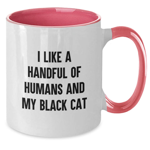 Image of Funny Black Cat Gifts for Men Graduation Unique Two Tone Coffee Mug with I Like A Handful Of Humans And My Black Cat Quote Gifts from Friends - Additional