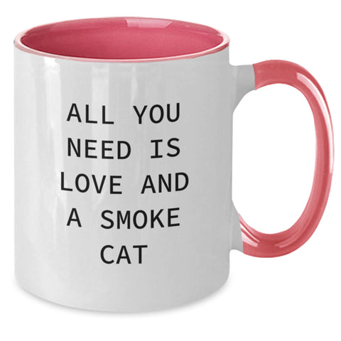 Image of Funny Smoke Cat Gifts from Friends and Family, Two Tone Coffee Mug, 'All You Need Is Love And A Smoke Cat' - Additional