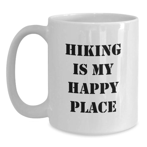 Image of Hiking Adventures Gifts from Friends for Hiking Enthusiasts, White Coffee Mug with Inspirational Quote 'Hiking Is My Happy Place', 11oz or 15oz Capacity - Main