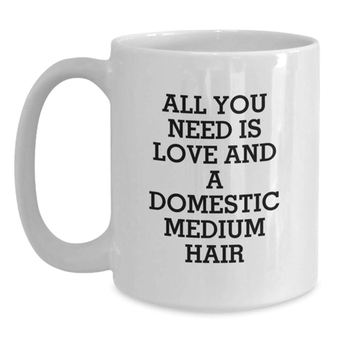 Image of Heartwarming Domestic Medium Hair Cat Lover Gifts from Friends for Graduation Unique White Coffee Mugs - 'All You Need Is Love And A Domestic Medium Hair' - Main