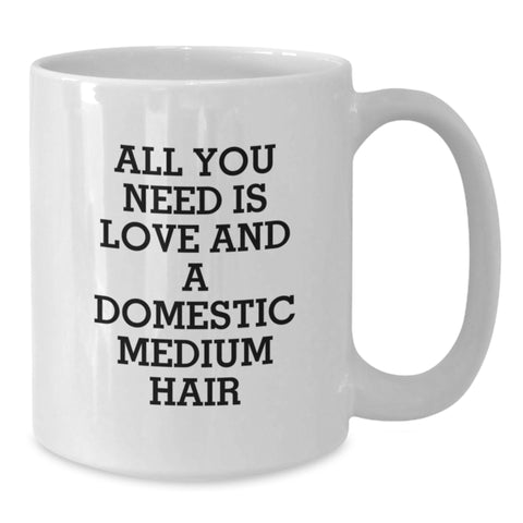 Image of Heartwarming Domestic Medium Hair Cat Lover Gifts from Friends for Graduation Unique White Coffee Mugs - 'All You Need Is Love And A Domestic Medium Hair' - Additional