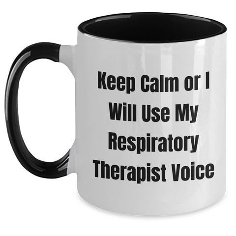 Image of Funny Respiratory Therapist Gifts for Men, Keep Calm Or I Will Use My Respiratory Therapist Voice, Two Tone Coffee Mug, Father's Day Unique Gifts from Men to Respiratory Therapist - Main