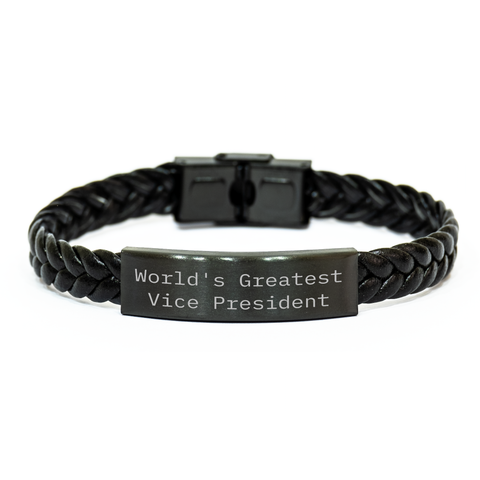 Image of World's Greatest Vice President Funny Gift for Men, Interlaced Leather Bracelet with Stainless Steel Engraving, Gifts from Family, Unique Vice President Gifts for Mother's Day - Image 1