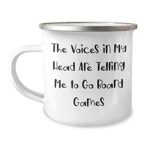 Image of Funny Board Games Gift Ideas for Men - Camping Mug with 'The Voices In My Head Are Telling Me To Go' Quote, Perfect for Father's Day Unique Gifts from Friends or Family - Image 1