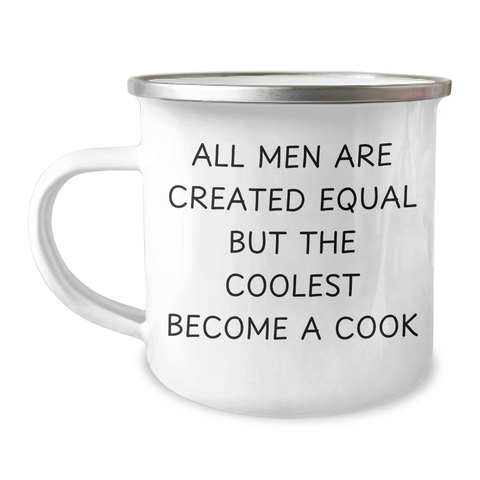 Image of Funny Cook Gifts, Camping Mug for Men, All Men Are Created Equal But The Coolest Become A Cook, 12 oz Stainless Steel with Enamel Finish, Gifts from Men to Cooks on Father's Day - Image 1