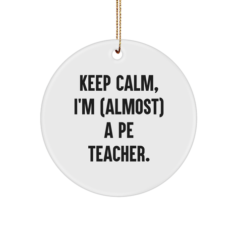 Image of PE Teacher Gifts from Men, Funny Circle Ornament Keep Calm for Almost PE Teacher, Christmas Unique Gifts - Image 1