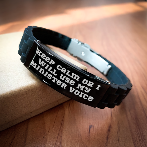 Image of Funny Minister Gifts from Men to Minister - Glide lock Clasp Black Stainless Steel Silicone Adjustable Gift for Him on Father's Day, Keep Calm Or I Will Use My Minister Voice - Image 2