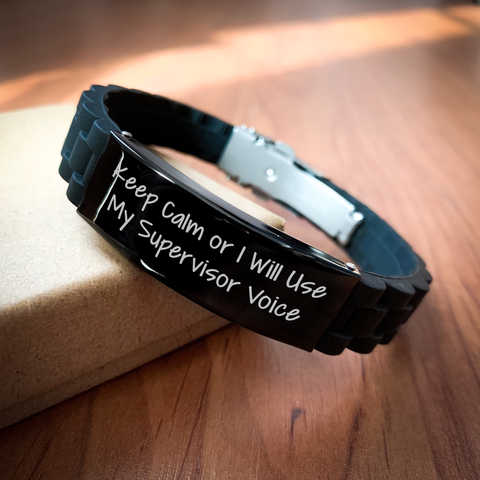 Image of Supervisor Gifts from Friends - Funny Glide lock Clasp Bracelet for Men, Keep Calm Or I Will Use My Supervisor Voice Black Stainless Steel Adjustable Accessory - Image 2
