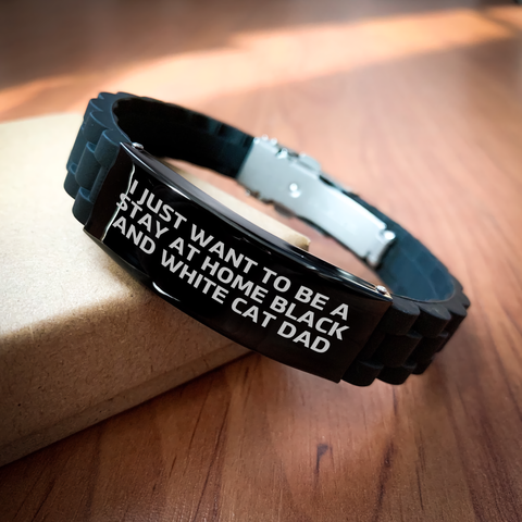Image of Funny Black and White Cat Gifts, Glide lock Clasp Bracelet for Dad, Gifts from Men to Black and White Cat Lover, Inspirational Quote 'I Just Want To Be A Stay At Home Black And White Cat Dad' - Image 2