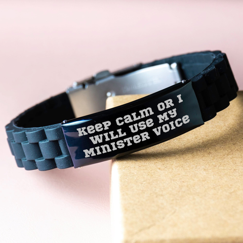 Image of Funny Minister Gifts from Men to Minister - Glide lock Clasp Black Stainless Steel Silicone Adjustable Gift for Him on Father's Day, Keep Calm Or I Will Use My Minister Voice - Image 3