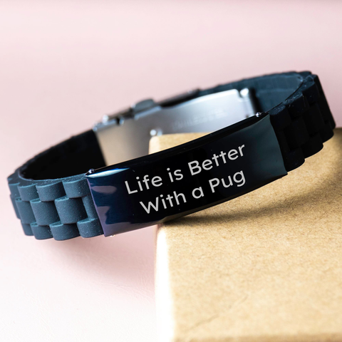 Image of Pug Dog Lovers Gifts for Dad Funny Life Is Better With A Pug Inspirational Quote Glide lock Clasp Black Stainless Steel Adjustable Silicone Jewelry Gifts from Mom to Dad - Image 3