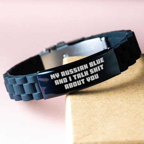 Image of Funny Russian Blue Cat Gifts from Men for Mother's Day - Glide lock Clasp Adjustable Black Stainless Steel and Silicone Bracelet with 'My Russian Blue And I Talk Shit About You' Quote - Image 3