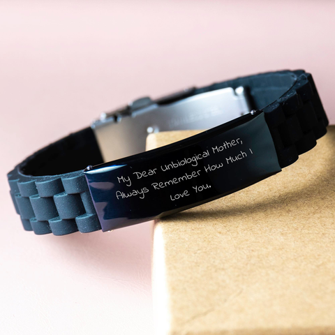 Image of Unbiological Mother Gifts, Inspirational Quote Glide lock Clasp Bracelet, Gifts from Men to Unbiological Mother for Graduation Unique Gifts, Adjustable Black Stainless Steel Silicone Jewelry - Image 3