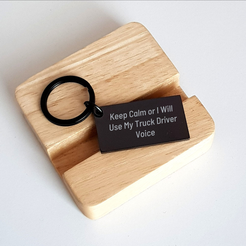 Image of Truck Driver Gifts from Friends, Funny Keychain for Mother's Day, 'Keep Calm Or I Will Use My Truck Driver Voice', Stainless Steel, Black, 1.57 x 0.87 inches - Image 2