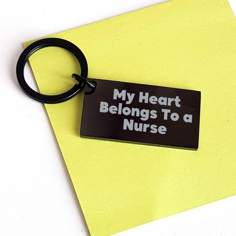Image of Funny Nurse Keychain Gifts from Men to Nurses on Father's Day, 'My Heart Belongs To A Nurse' Quote, Stainless Steel, Black, 1.57 x 0.87 inches - Image 3