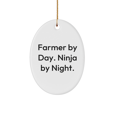 Image of Farmer Gifts: 'Farmer By Day. Ninja By Night.' Oval Ornament, White, 3.25" Tall, Perfect for Christmas Unique Gifts from Men to Farmers - Image 1