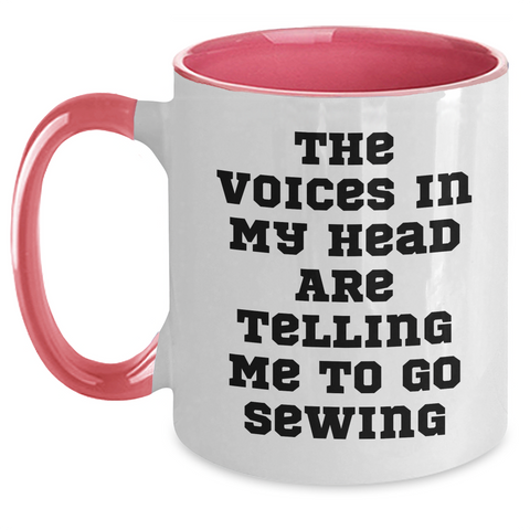 Image of Funny Sewing Gifts for Men - 'The Voices In My Head Are Telling Me To Go Sewing' Two Tone Coffee Mug, Father's Day Unique Gifts from Family - Main