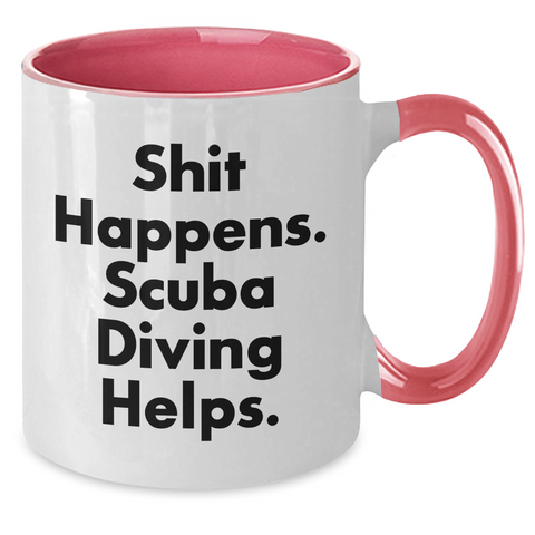 Image of Scuba Diving Humor Gifts for Men, Two Tone Coffee Mug - Shit Happens, Scuba Diving Helps., Unique Father's Day Unique Gifts from Men to Scuba Diving Enthusiasts - Additional