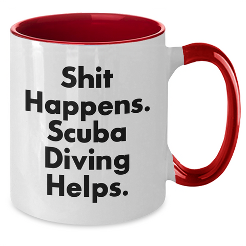 Image of Scuba Diving Humor Gifts for Men, Two Tone Coffee Mug - Shit Happens, Scuba Diving Helps., Unique Father's Day Unique Gifts from Men to Scuba Diving Enthusiasts - Additional