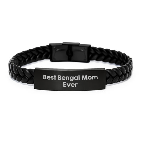 Image of Funny Bengal Cat Lover Gifts for Men Women Friends Valentine's Unique Interlaced Leather Bracelet with Quote Best Bengal Mom Ever - Image 1