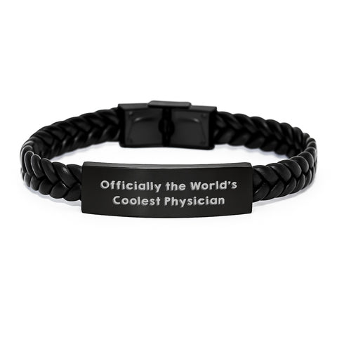Image of Funny Physician Gifts, Birthday Unique Gifts for Men, Interlaced Leather Bracelet, Quote: 'Officially The World's Coolest Physician' - Image 1