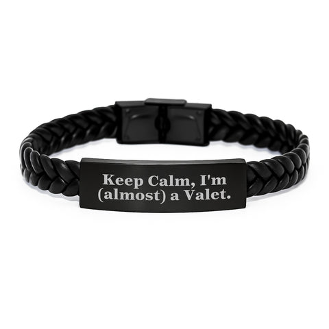 Image of Valet Gifts from Friends and Family - Interlaced Leather 'Keep Calm, I'm (almost) A Valet.' Birthday Unique Gifts for Valet Men - Image 1