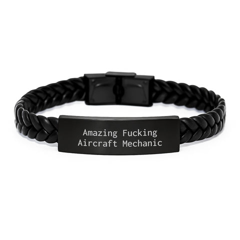 Image of Funny Quote for Aircraft Mechanic, Interlaced Leather Bracelet, Gifts for Men, Graduation Unique Gifts from Family - Amazing F--king Aircraft Mechanic - Image 1