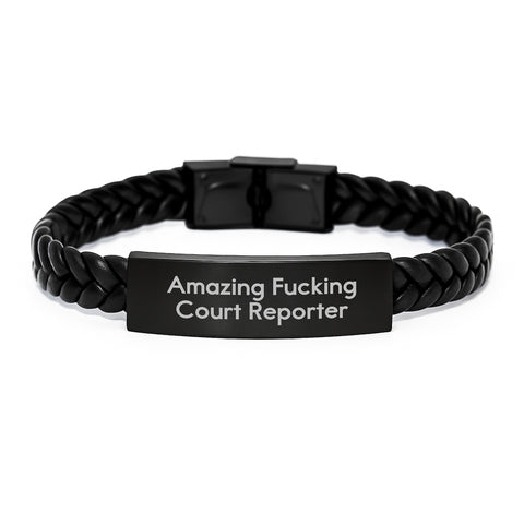 Image of Funny Court Reporter Gifts, Interlaced Leather Bracelet 'Amazing F--king Court Reporter', Gifts for Court Reporter at Graduation - Image 1