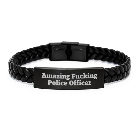 Image of Funny Police Officer Gifts from Friends - Interlaced Leather Birthday Unique Gift for Men - Amazing F--king Police Officer Quote, 7.87 inches Length - Image 1