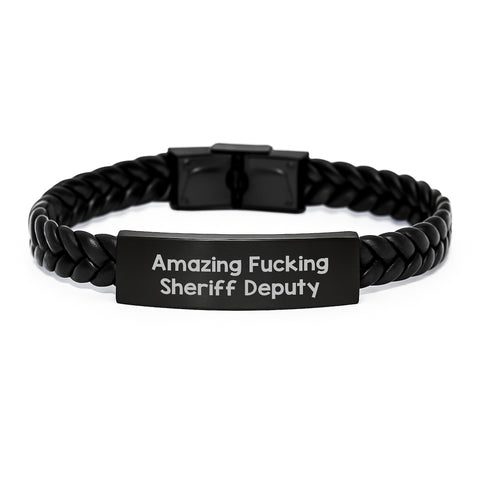 Image of Funny Sheriff Deputy Gifts from Men - Amazing Interlaced Leather Bracelet for Sheriff Deputy Graduation Unique Wishes, 'Amazing F--king Sheriff Deputy' Quote - Image 1