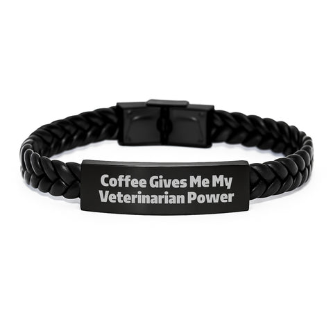 Image of Funny Veterinarian Gifts from Friends for Veterinarian Power Graduation Unique Gifts, Coffee Gives Me My Veterinarian Power Interlaced Leather Bracelet - Image 1