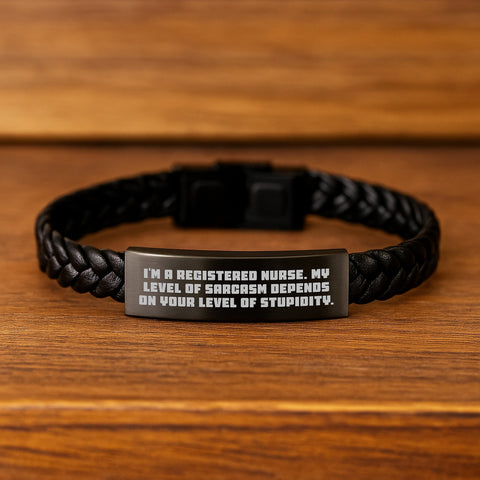 Image of Funny Registered Nurse Sarcasm Gift Interlaced Leather Bracelet for Coworkers, Stainless Steel PU Leather Birthday Unique Gifts from Friends - Image 2