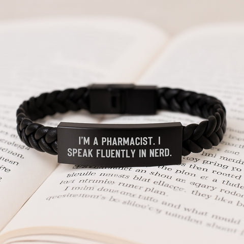 Image of Funny Pharmacist Gifts from Family - I'm A Pharmacist. I Speak Fluently In genius. Interlaced Leather Bracelet for Graduation - Image 3