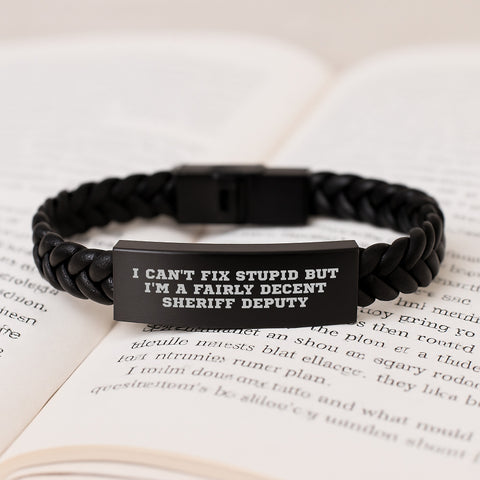 Image of Funny Sheriff Deputy Gifts for Him, Interlaced Leather Bracelet with 'I Can't Fix Stupid But I'm A Fairly Decent Sheriff Deputy' Quote, Birthday Unique Gifts from Family to Sheriff Deputy - Image 3