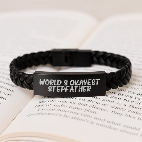 Image of Funny Stepfather Gifts - World's Okayest Stepfather Interlaced Leather Bracelet for Men, Unique Birthday Presents from Family, Friends, or Coworkers - Image 3