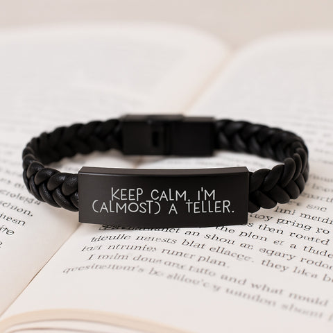 Image of Funny Teller Gifts, Keep Calm I'm Almost A Teller Interlaced Leather Bracelet for Men, Women, Friends and Family, Unique Graduation Unique Gifts from Friends, Coworkers, or Family - Image 3