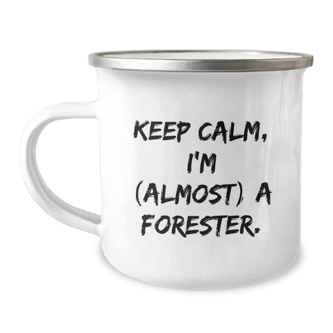 Image of Funny Forester Gifts for Men, Camping Mug - 'Keep Calm, I'm (almost) A Forester.' Graduation Unique Gifts from Friends or Family - Image 1
