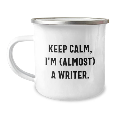 Image of Funny Writer Gifts for Him, Camping Mugs with Quirky Quote 'Keep Calm, I'm almost A Writer', Birthday Unique Gifts from Friends to Family - Image 1
