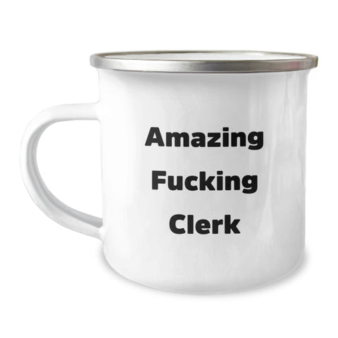 Image of Funny Clerk Gifts: 'Amazing F--king Clerk' Camping Mug for Birthday, 12 oz Stainless Steel, Gifts from Men, Women, Friends, Coworkers, Family - Image 1