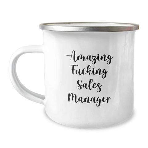 Image of Funny Sales Manager Gifts for Graduation Unique Presents - 'Amazing F--king Sales Manager' Camping Mug, Stainless Steel with Enamel Finish - Image 1