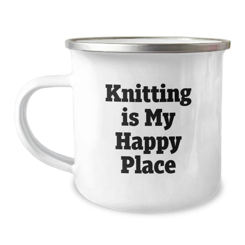 Image of Knitting Enthusiasts' Happy Place Camping Mug, Funny Quote Gifts for Knitting Lovers, Graduation Unique Gifts from Family - Image 1